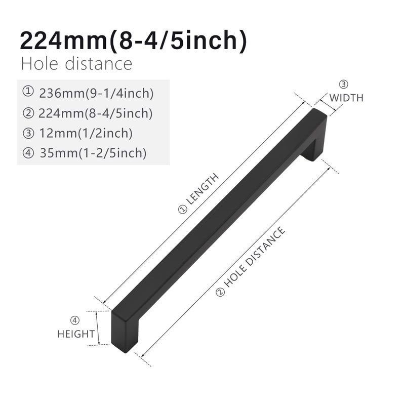 Redunest Cabinet Pulls Matte Black Cabinet Handles Square Drawer Pulls  20 Pack 8-4/5 Inch Stainless Steel Kitchen Door Cupboard Cabinet Handles  Drawer Hardware Handles  224mm Hole Centers - Image 2